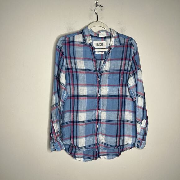 Grayson The Hero Shirt Womens Small Blue Plaid Linen Button Up Casual Preppy - Picture 6 of 10